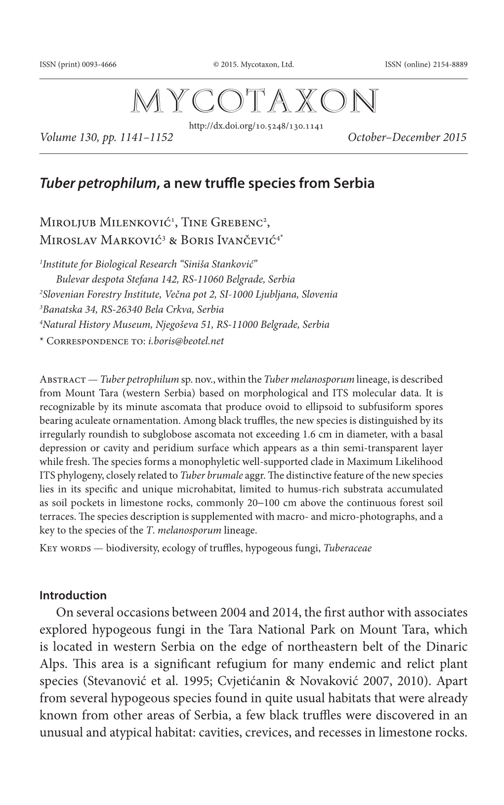 <I>Tuber Petrophilum</I>, a New Truffle Species from Serbia