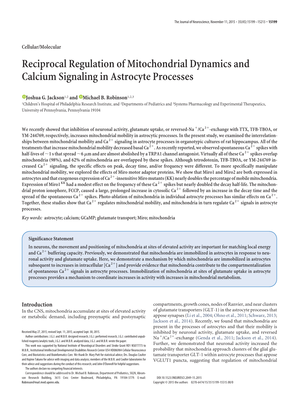 Reciprocal Regulation of Mitochondrial Dynamics and Calcium Signaling in Astrocyte Processes