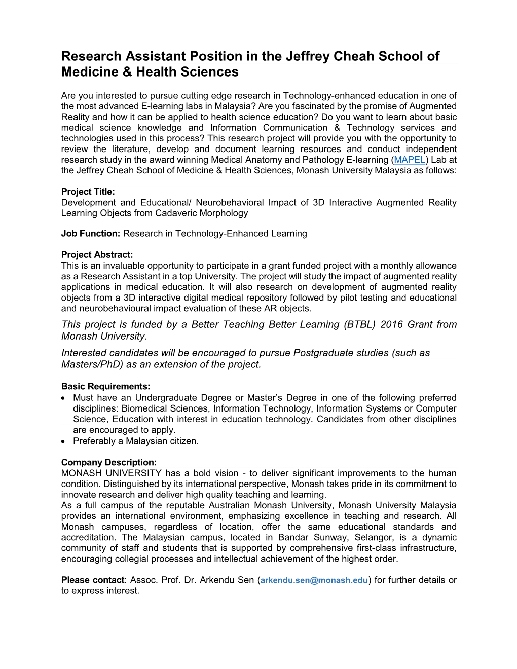 Research Assistant Position in the Jeffrey Cheah School of Medicine & Health Sciences