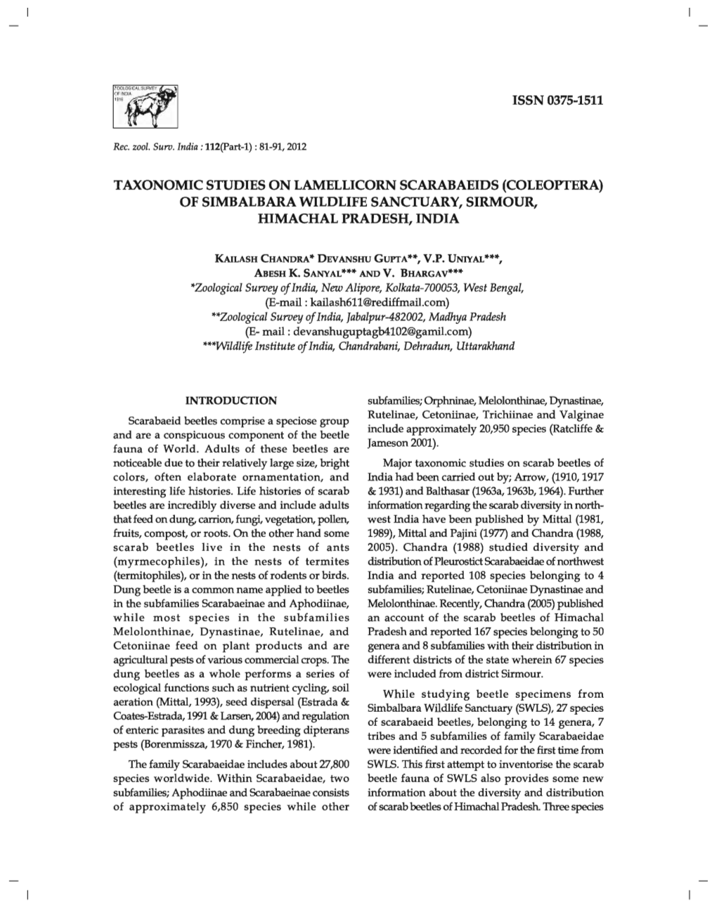 Taxonomic Studies on Lamellicorn Scarabaeids (Coleoptera) of Simbalbara Wildlife Sanctuary, Sirmour, Himachal Pradesh, India