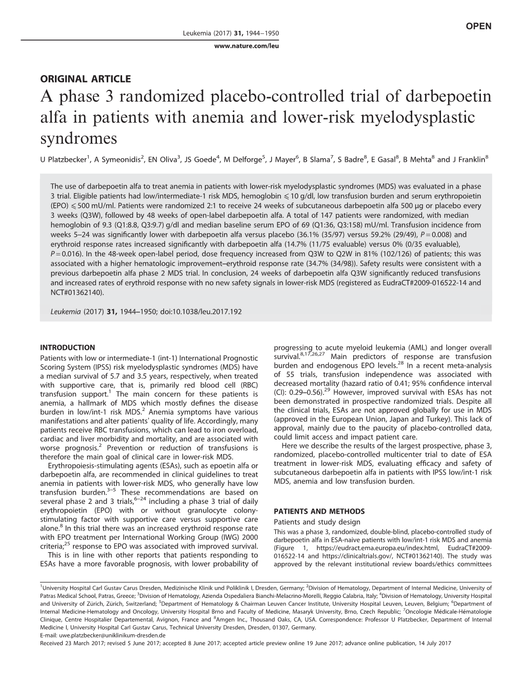 A Phase 3 Randomized Placebo-Controlled Trial of Darbepoetin Alfa in Patients with Anemia and Lower-Risk Myelodysplastic Syndromes