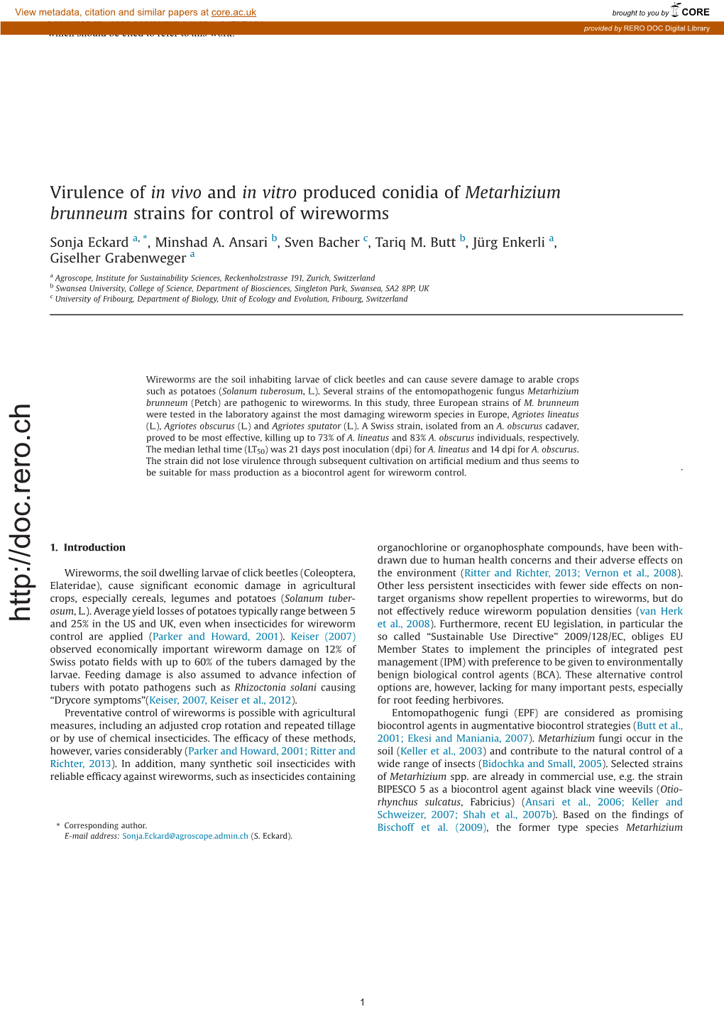 Vitro Produced Conidia of Metarhizium Brunneum Strains for Control of Wireworms