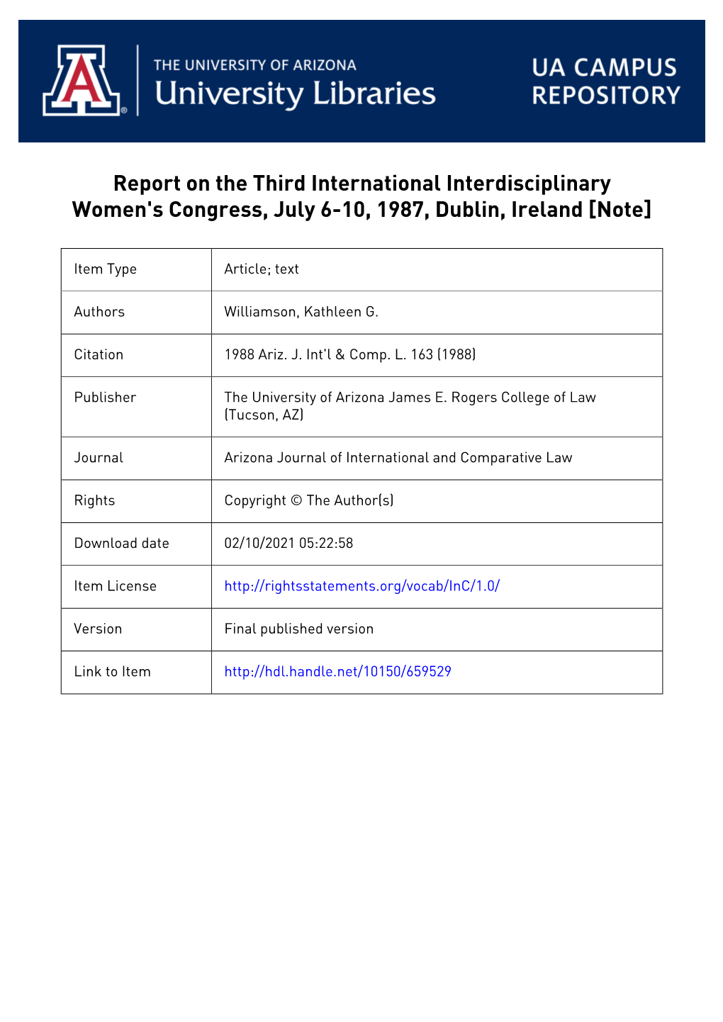 Report on the Third International Interdisciplinary Women's Congress, July 6-10, 1987, Dublin, Ireland [Note]