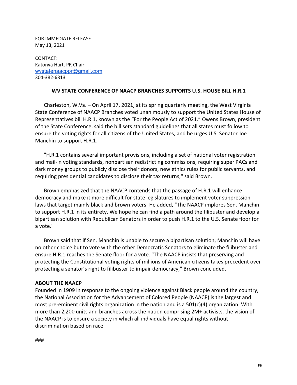 WV NAACP HR1 Press Release