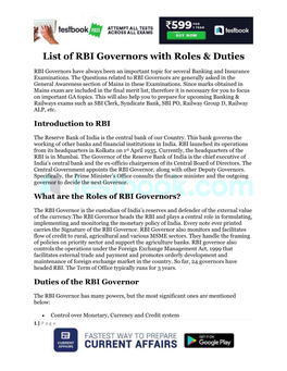 List of RBI Governors with Roles & Duties