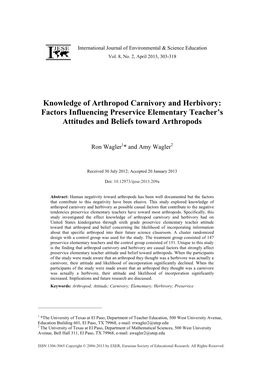 Knowledge of Arthropod Carnivory and Herbivory: Factors Influencing Preservice Elementary Teacher’S Attitudes and Beliefs Toward Arthropods