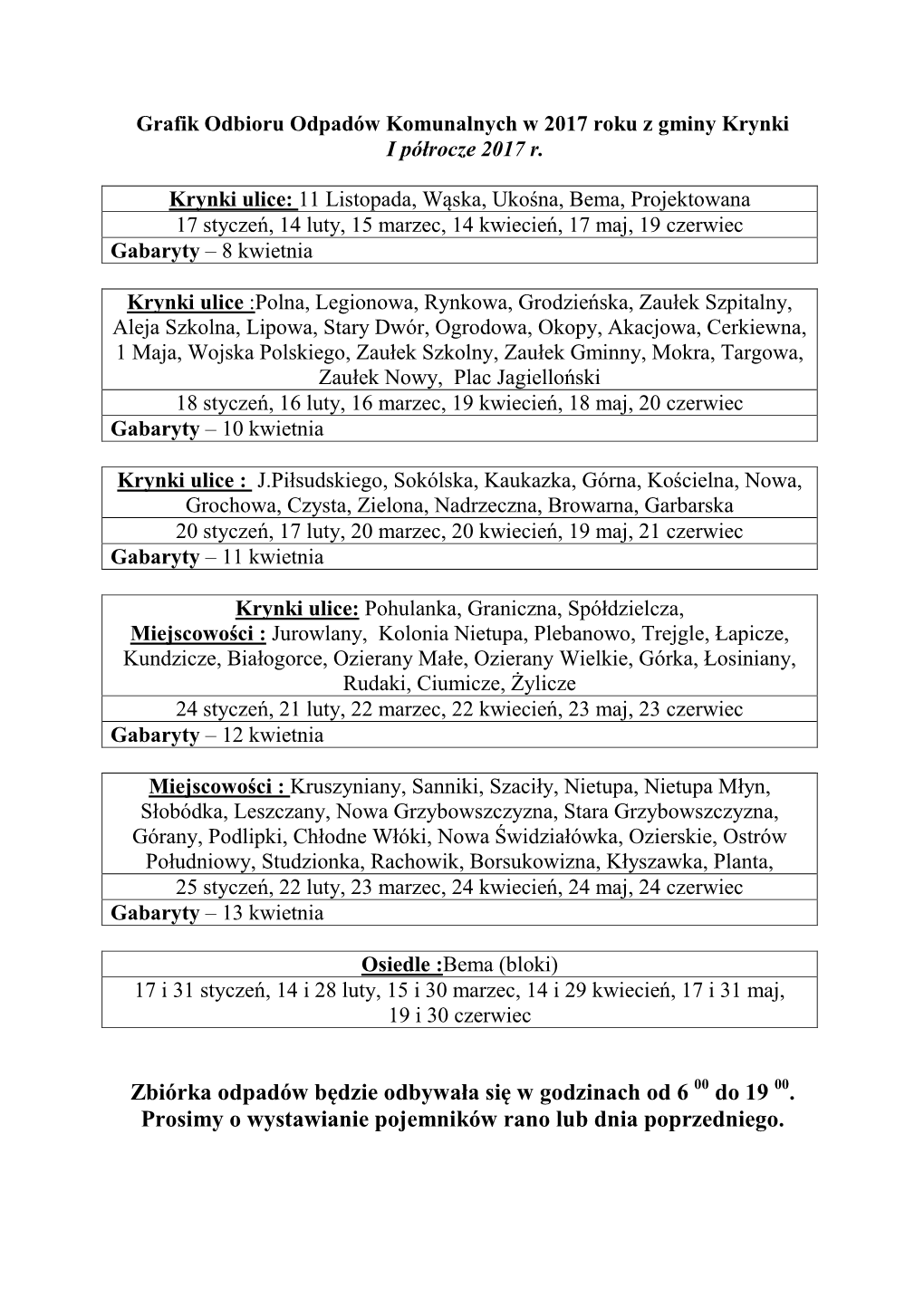 Grafik Odbioru Odpadów Komunalnych W 2017 Roku Z Gminy Krynki I Półrocze 2017 R