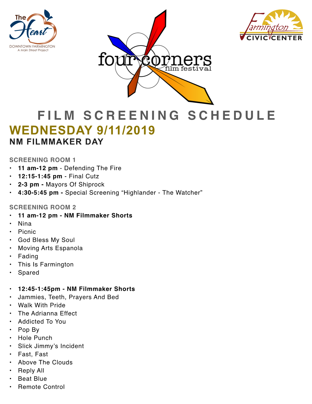 Film Screening Schedule Wednesday 9/11/2019 Nm Filmmaker Day