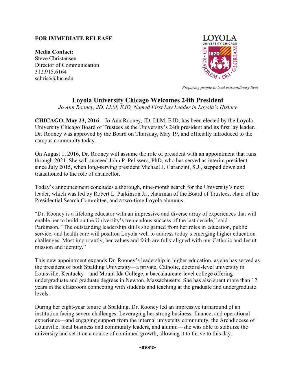 Loyola University Chicago Welcomes 24Th President Jo Ann Rooney, JD, LLM, Edd, Named First Lay Leader in Loyola’S History