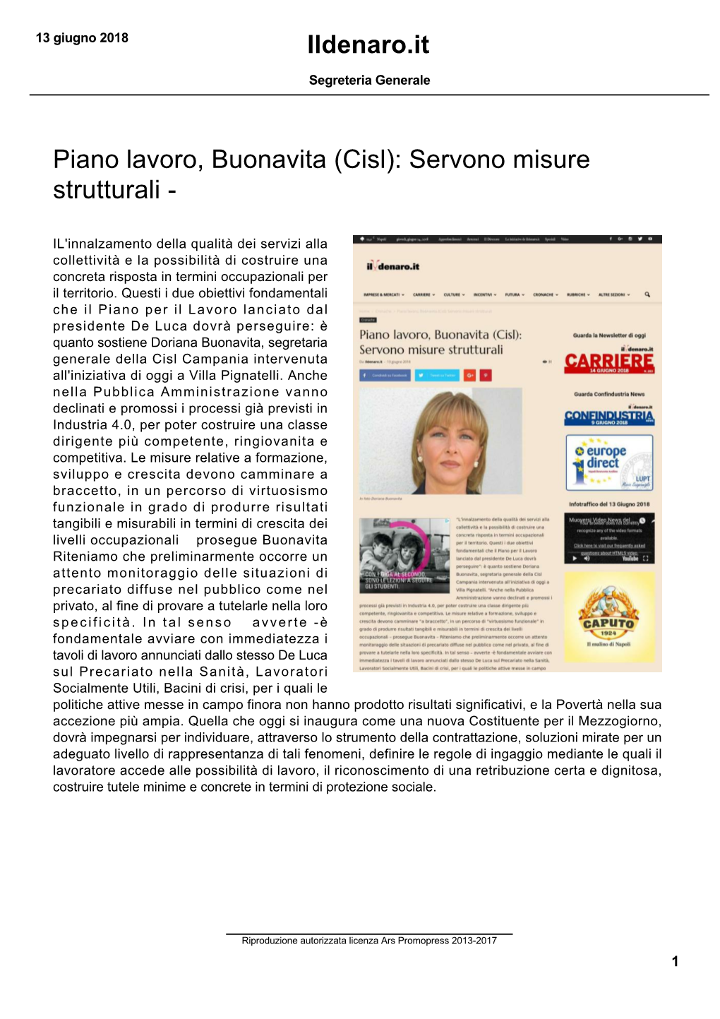 Piano Lavoro, Buonavita (Cisl): Servono Misure Strutturali