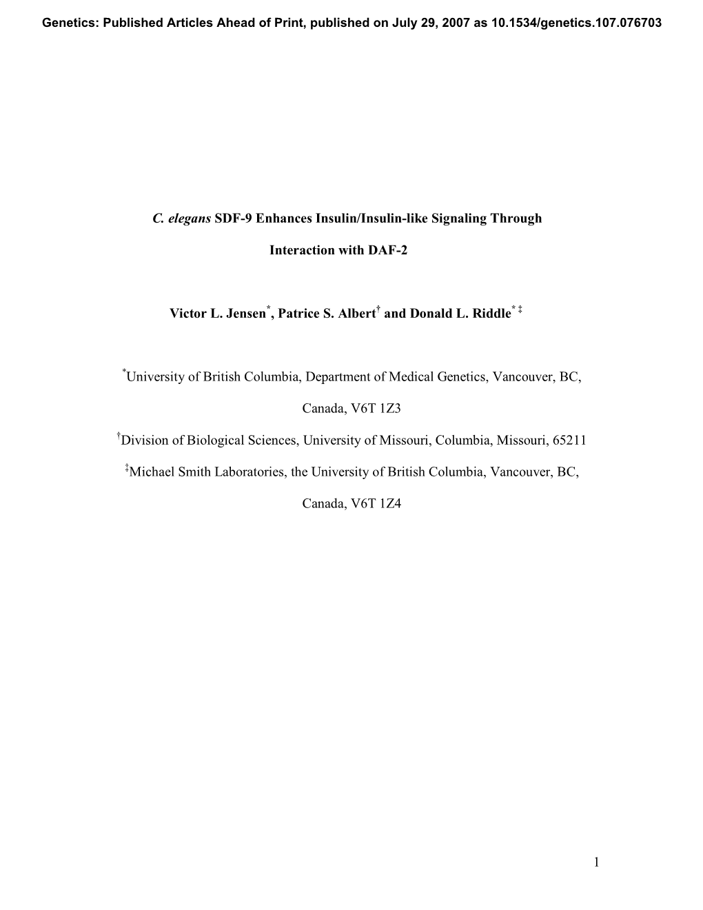 1 C. Elegans SDF-9 Enhances Insulin/Insulin-Like Signaling