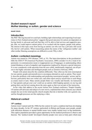 Student Research Report Mother Blaming; Or Autism, Gender and Science