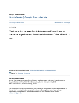 The Interaction Between Ethnic Relations and State Power: a Structural Impediment to the Industrialization of China, 1850-1911