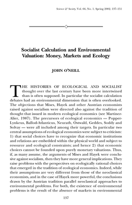 Socialist Calculation and Environmental Valuation: Money, Markets and Ecology