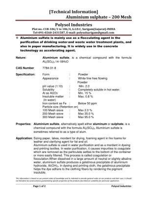 [Technical Information] Aluminium Sulphate – 200 Mesh Polysol