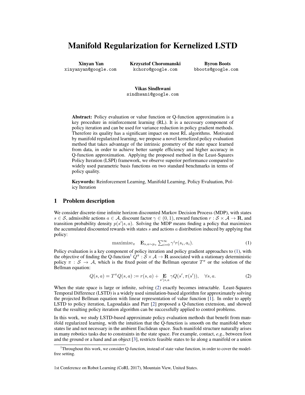 Manifold Regularization for Kernelized LSTD