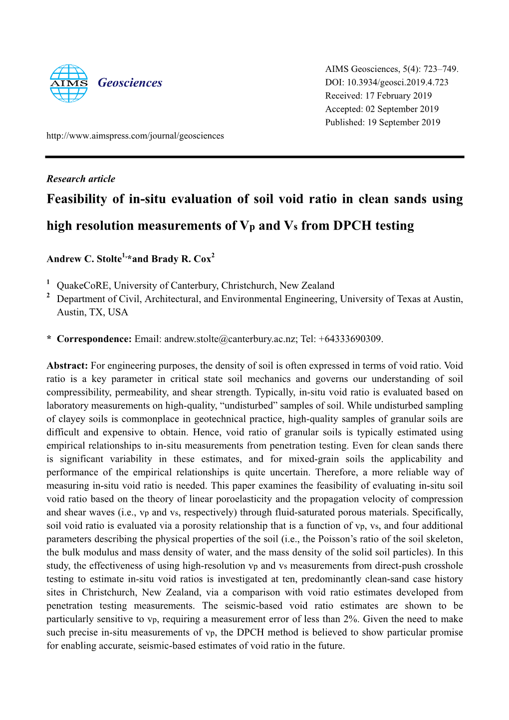 Feasibility of In-Situ Evaluation of Soil Void Ratio in Clean Sands Using