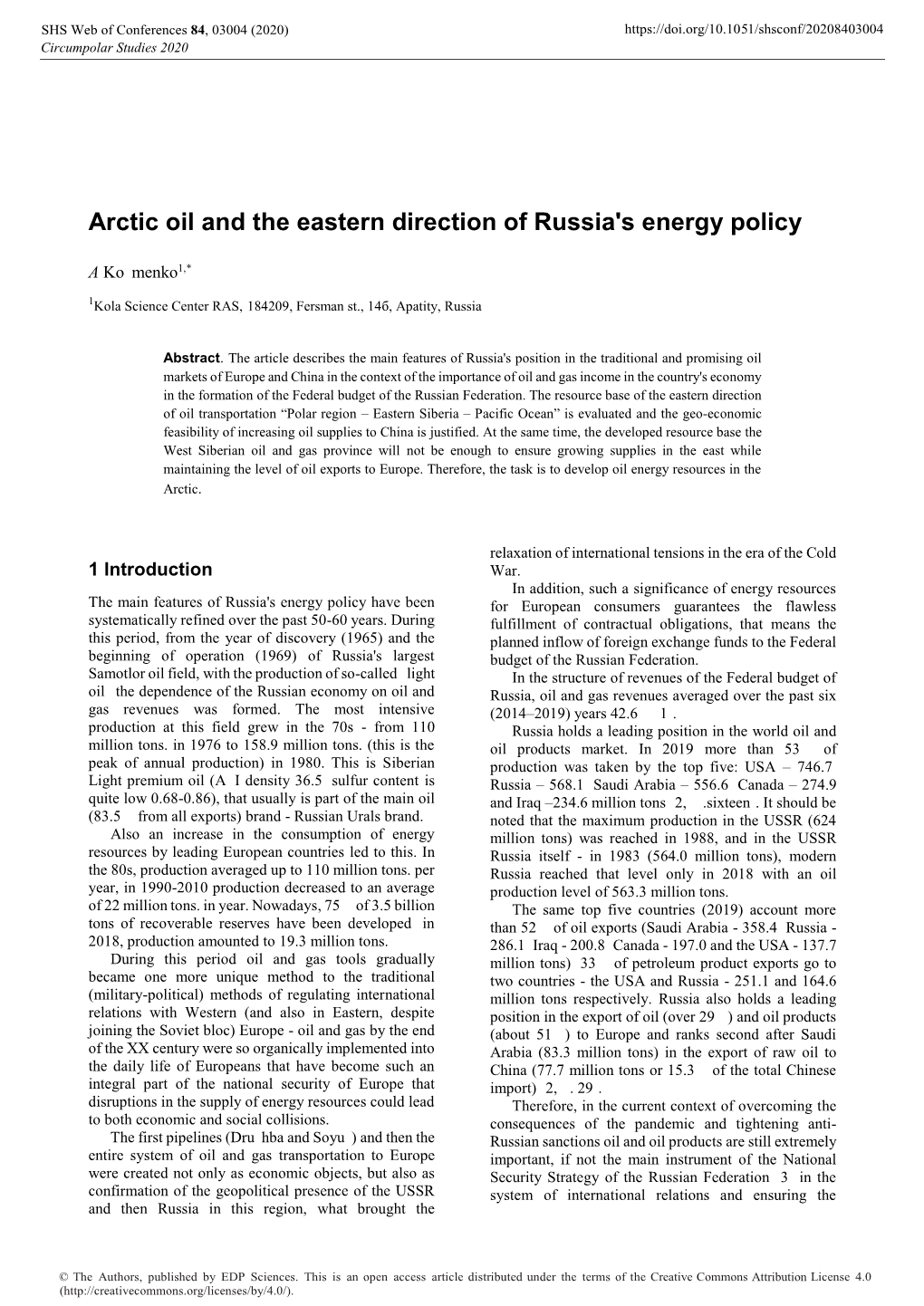 Arctic Oil and the Eastern Direction of Russia's Energy Policy