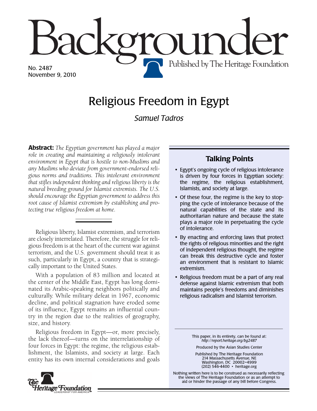 Religious Freedom in Egypt Samuel Tadros