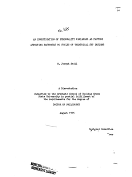 An Investigation of Personality Variables As Factors Affecting Responses to Styles of Theatrical Set Designs