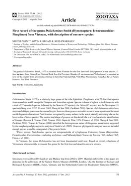 First Record of the Genus Dolichomitus Smith (Hymenoptera: Ichneumonidae: Pimplinae) from Vietnam, with Description of One New Species