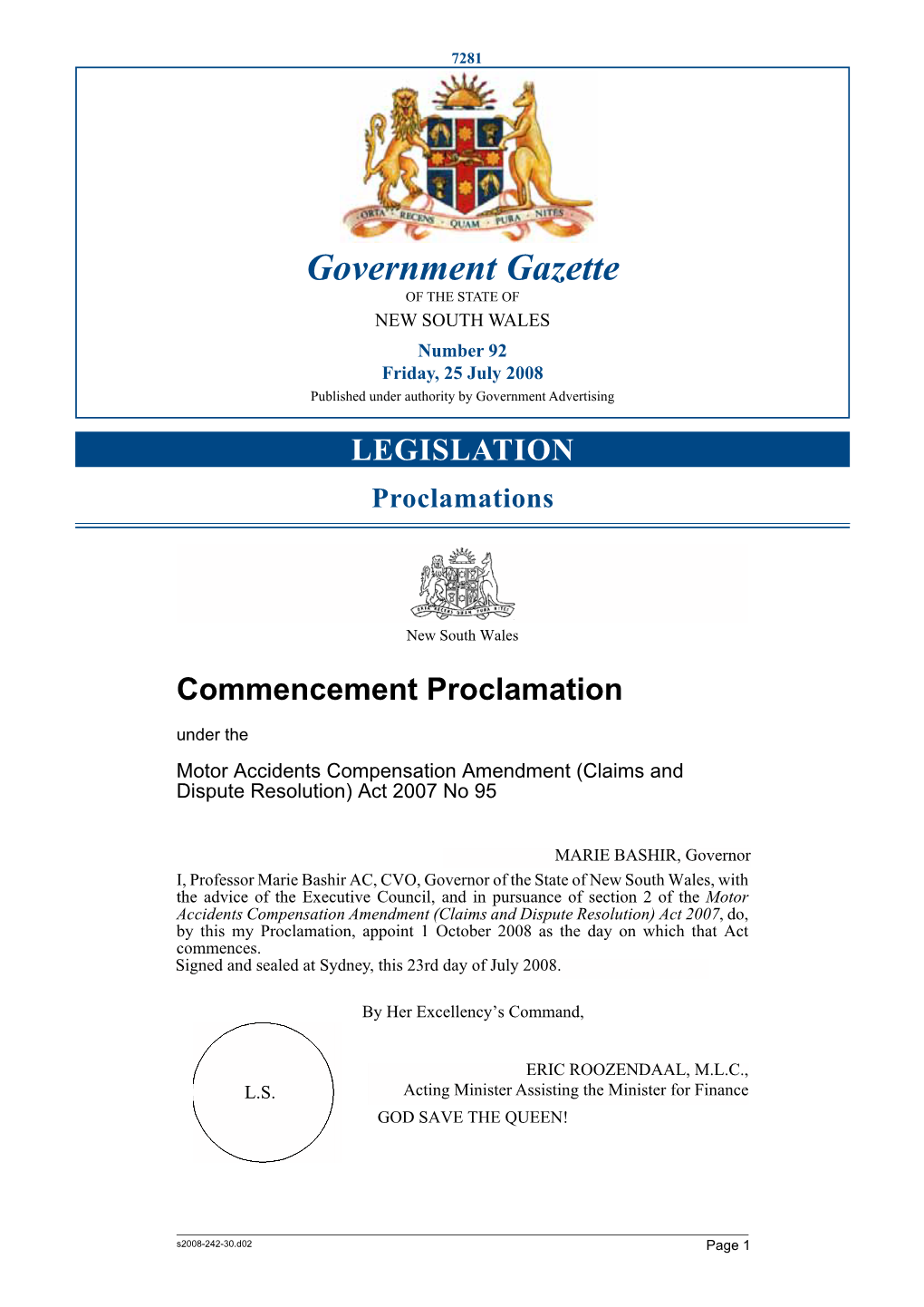 Government Gazette of the STATE of NEW SOUTH WALES Number 92 Friday, 25 July 2008 Published Under Authority by Government Advertising