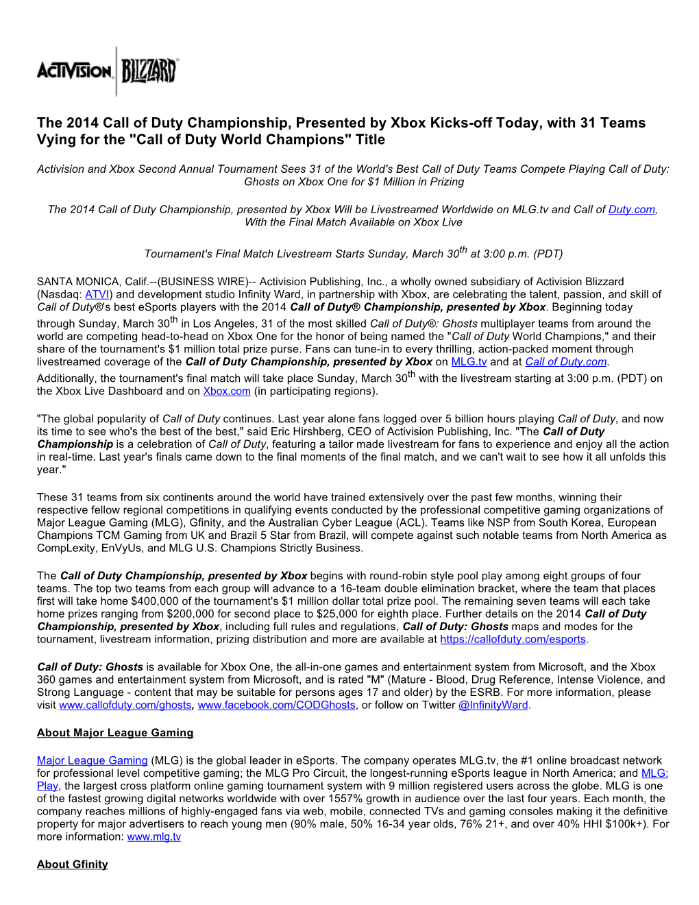 The 2014 Call of Duty Championship, Presented by Xbox Kicks-Off Today, with 31 Teams Vying for the "Call of Duty World Champions" Title