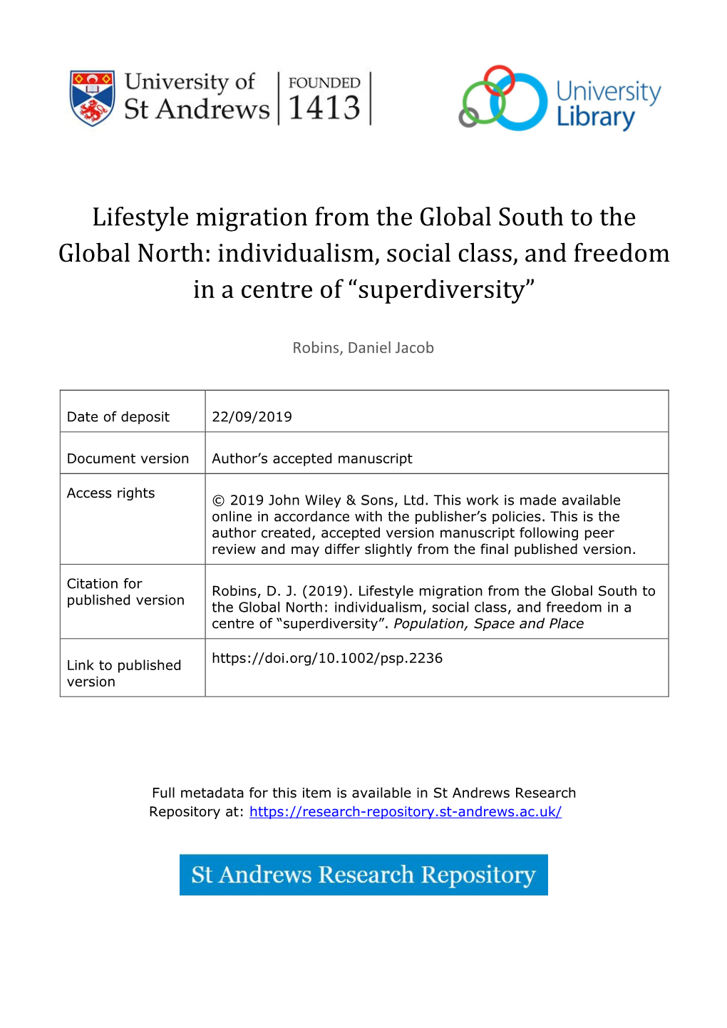 Lifestyle Migration from the Global South to the Global North: Individualism, Social Class, and Freedom