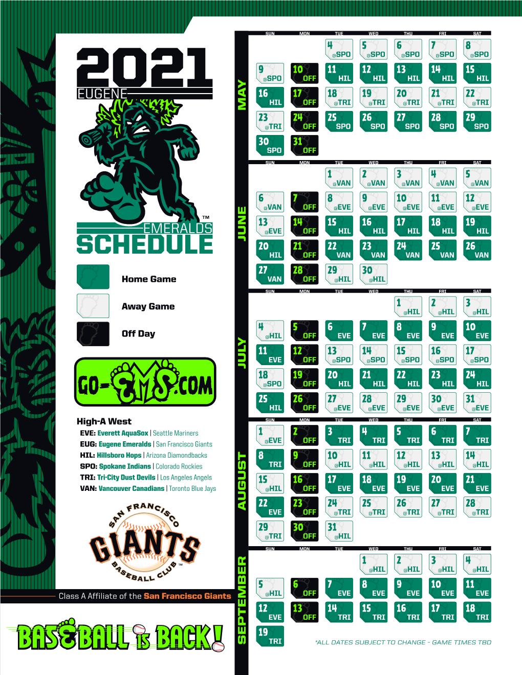 Emeralds 2021 Schedule