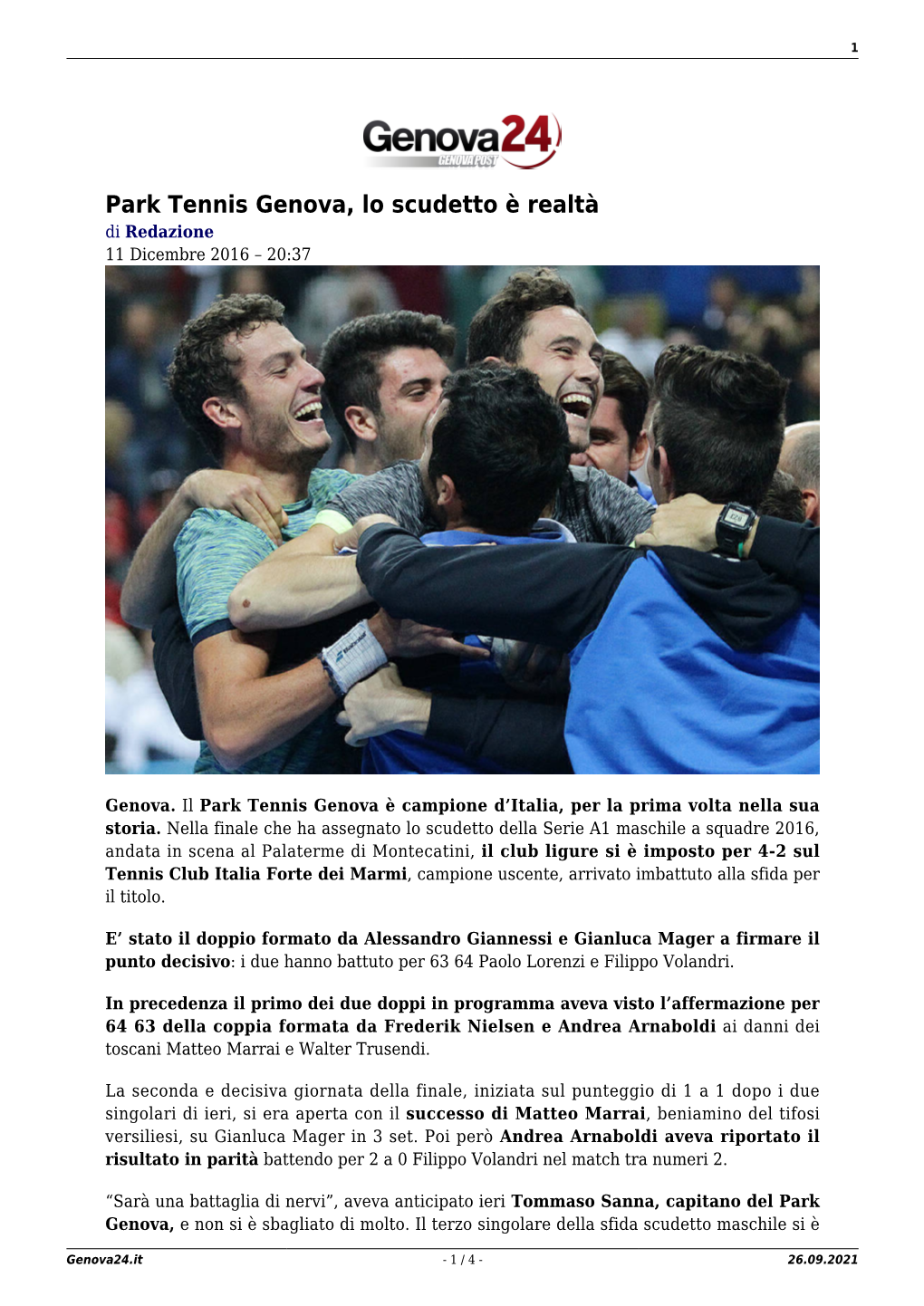 Park Tennis Genova, Lo Scudetto È Realtà Di Redazione 11 Dicembre 2016 – 20:37