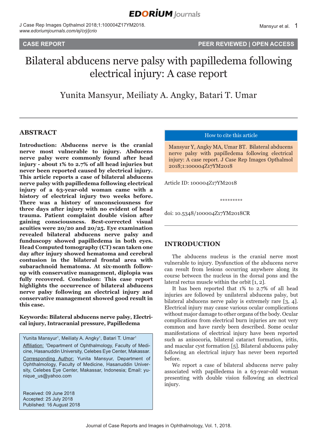 Bilateral Abducens Nerve Palsy with Papilledema Following Electrical Injury: a Case Report