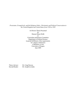 Protestants, Evangelicals, and the Religious Order: Christianity and Political Conservatism in the United Kingdom and United States from 1530 to 1950