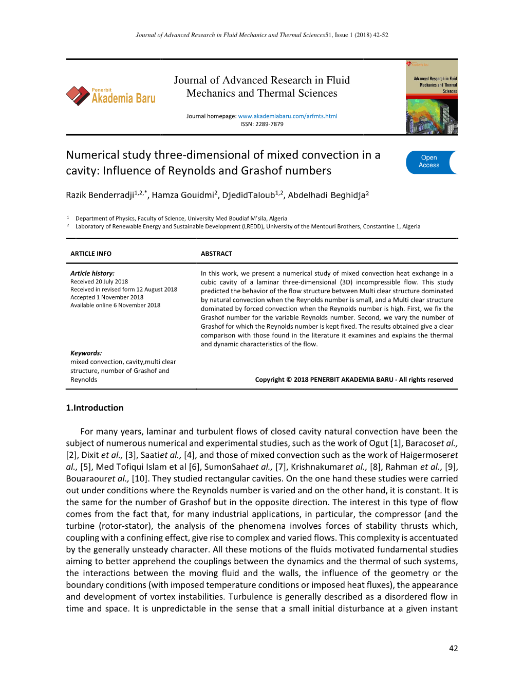 Numerical Study Three-Dimensional of Mixed Convection in a Cavity