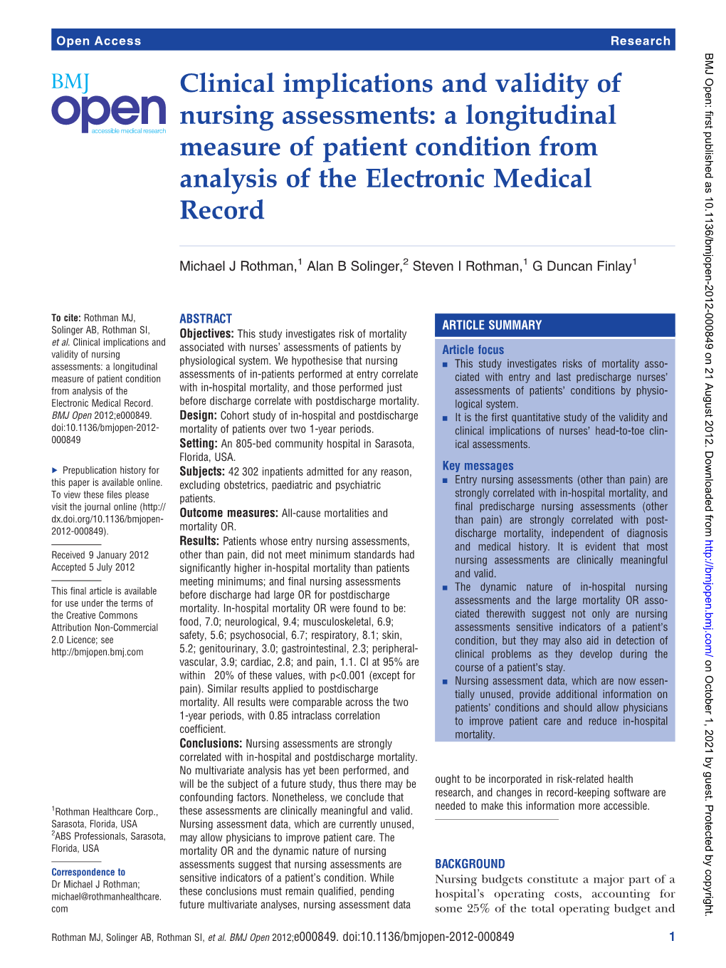 Clinical Implications and Validity of Nursing Assessments: a Longitudinal Measure of Patient Condition from Analysis of the Electronic Medical Record