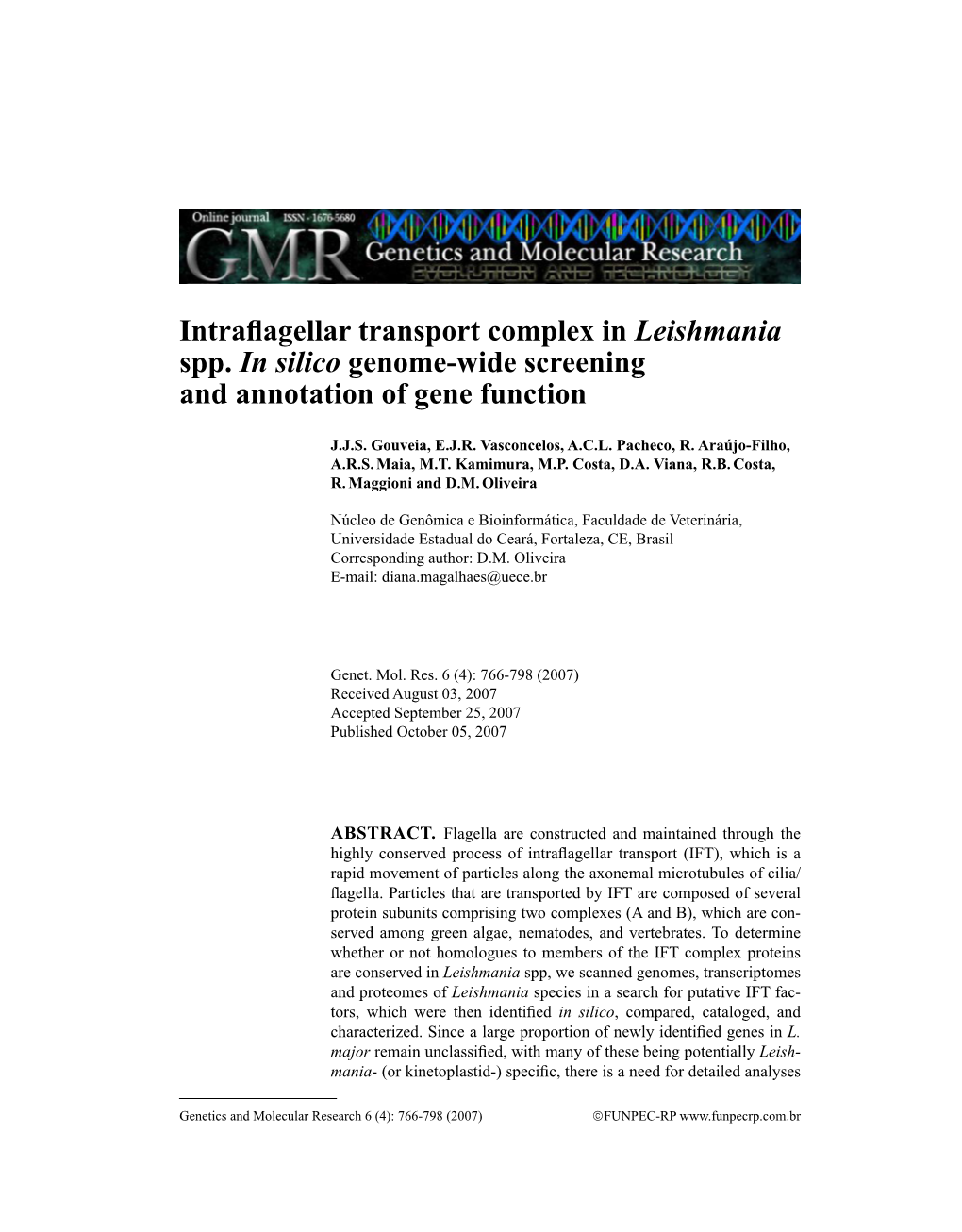 Intraflagellar Transport Complex in Leishmania Spp. in Silico Genome