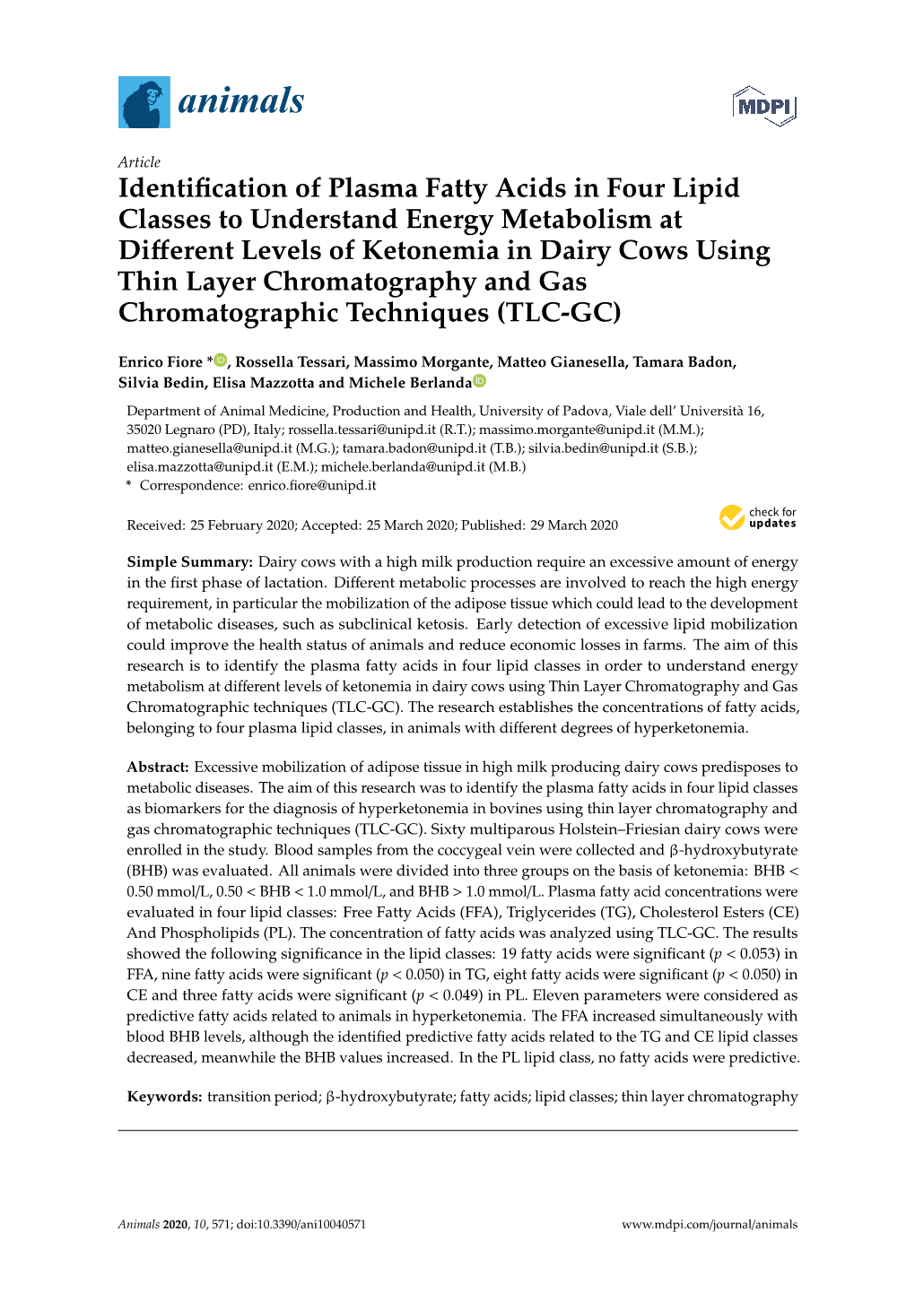 Identification of Plasma Fatty Acids in Four Lipid Classes to Understand Energy Metabolism at Different Levels of Ketonemia in D