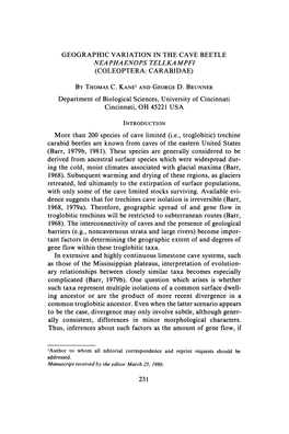 Geographic Variation in the Cave Beetle Neaphaenops Tellkampfi (Coleoptera: Carabidae)