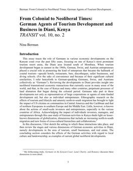 From Colonial to Neoliberal Times: German Agents of Tourism Development and Business in Diani, Kenya TRANSIT Vol. 10, No. 2