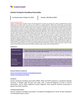 Genetic Testing for Hereditary Pancreatitis