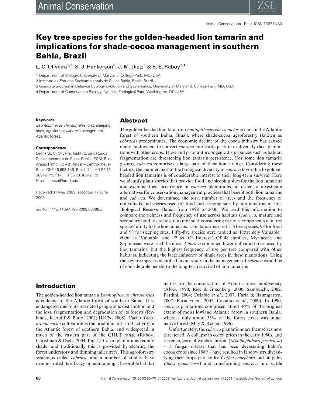 Key Tree Species for the Golden-Headed Lion Tamarin and Implications for Shade-Cocoa Management in Southern Bahia, Brazil L