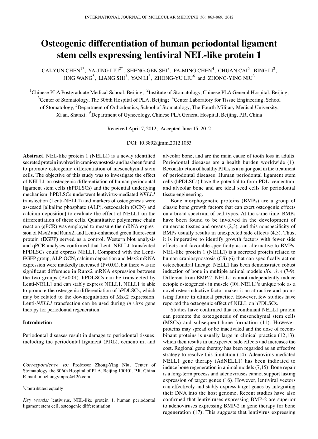 Osteogenic differentiation of human periodontal ligament stem cells