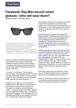 Facebook, Ray-Ban Launch Smart Glasses—Who Will Wear Them? 9 September 2021, by Barbara Ortutay