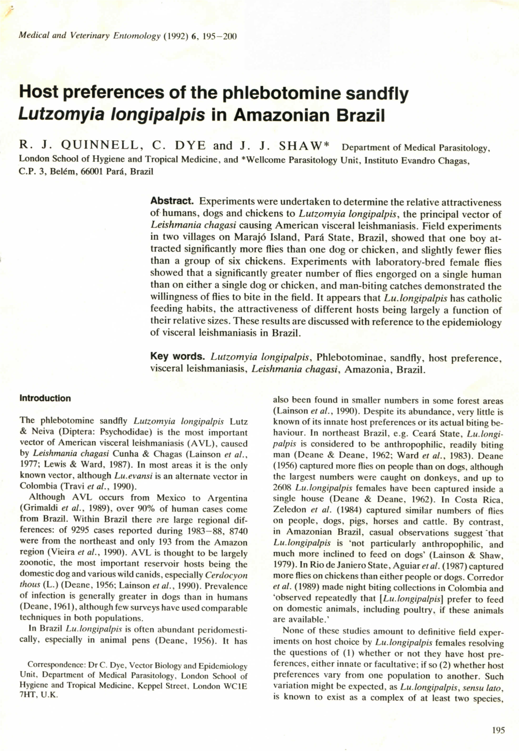 Host Preferences of the Phiebotomine Sandfly Lutzomyia Longipalpis in Amazonian Brazil