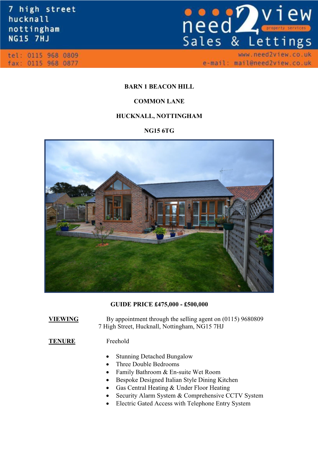 Barn 1 Beacon Hill Common Lane Hucknall, Nottingham Ng15 6Tg Guide Price £475,000