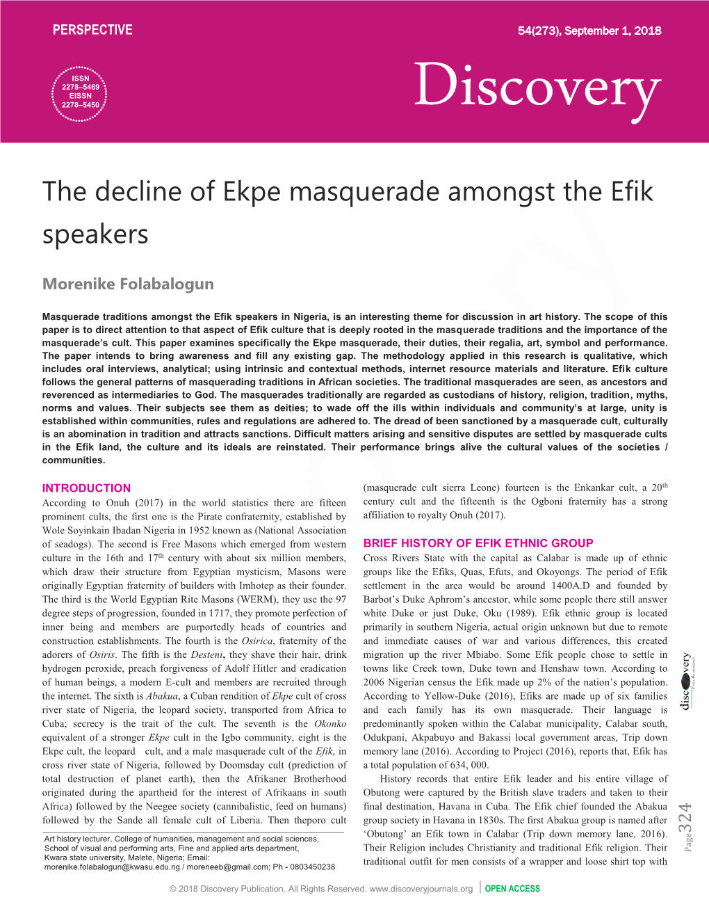 The Decline of Ekpe Masquerade Amongst the Efik Speakers