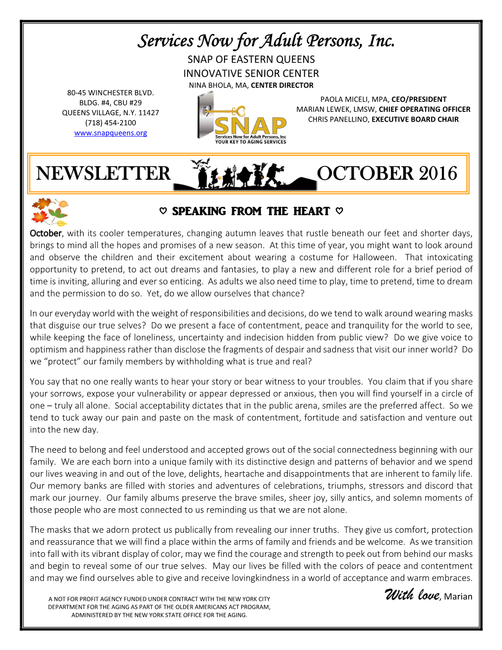 Services Now for Adult Persons, Inc. NEWSLETTER OCTOBER 2016