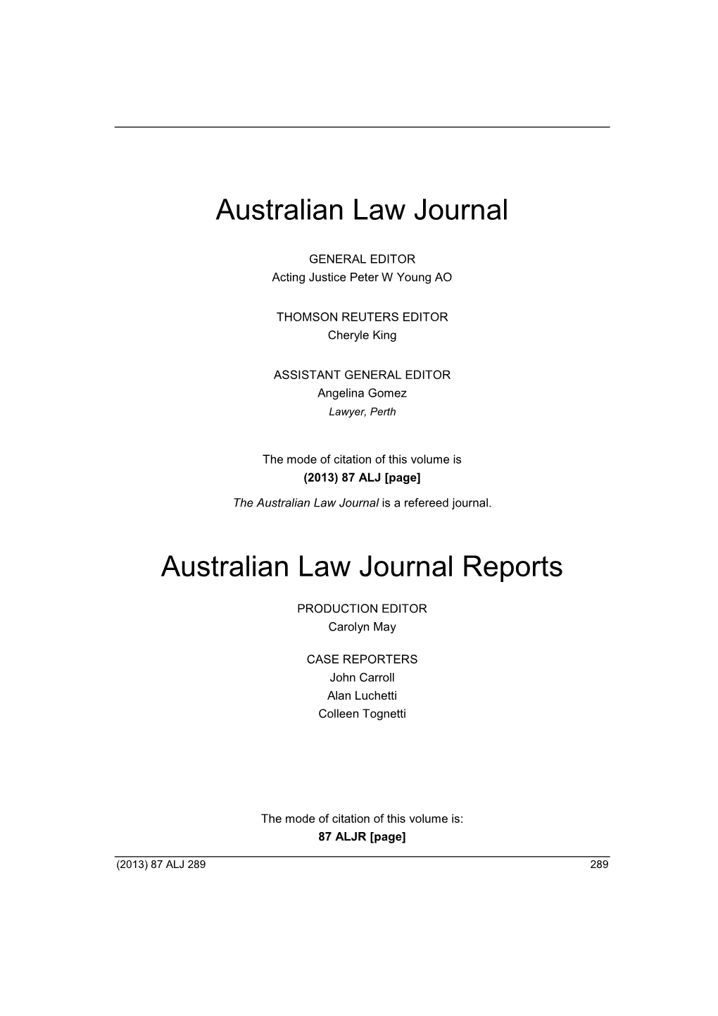 Australian Law Journal Australian Law Journal Reports