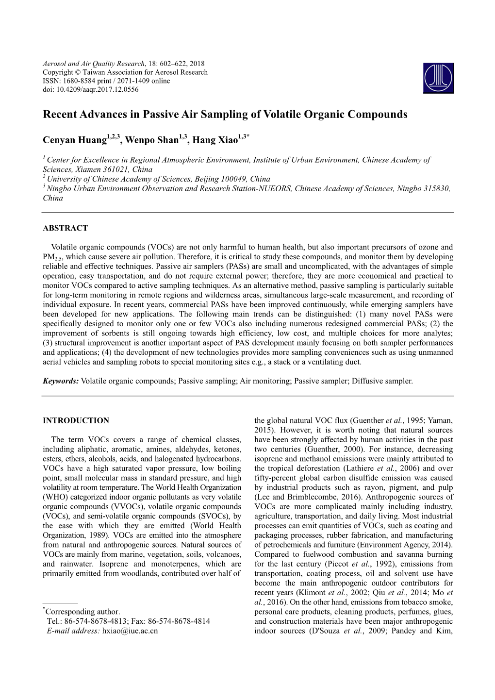 Recent Advances in Passive Air Sampling of Volatile Organic Compounds