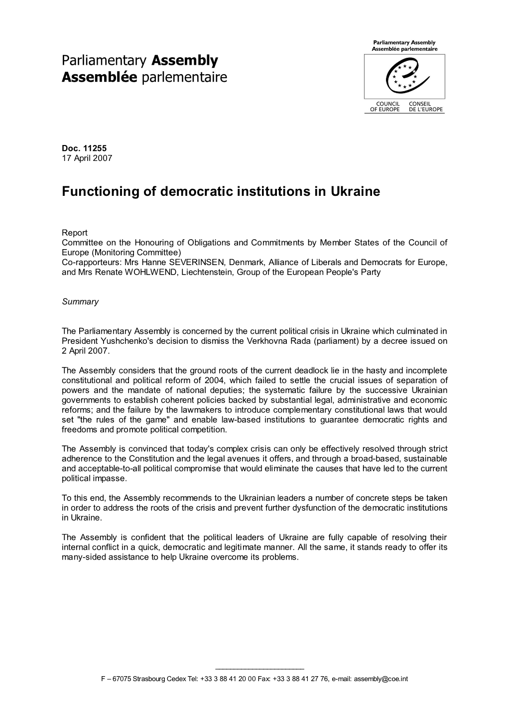 Functioning of Democratic Institutions in Ukraine