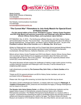 “The Current War” Filmmakers to Join Andy Masich for Special Event At